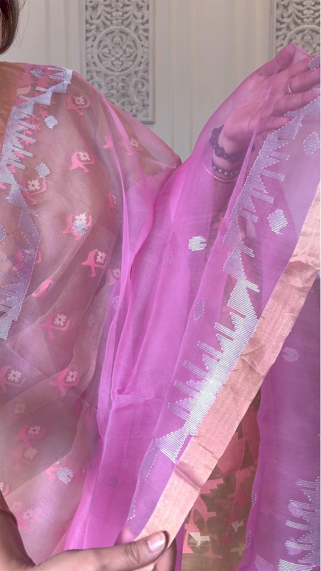 Handloom Pure Muslin silk Jamdani in Soft Rose - Yarn Dyed Saree 2 - Soft Rose Muslin silk saree